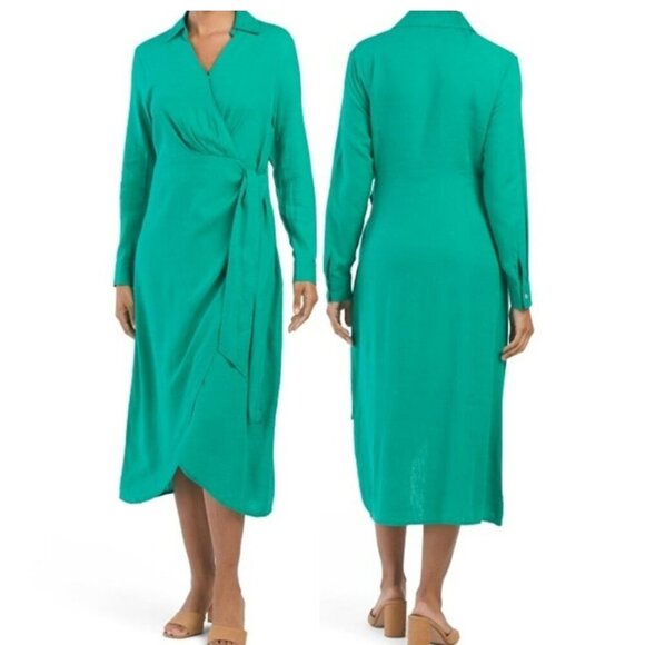 Rachel Zoe Dresses & Skirts - Rachel Zoe Wrap Dress Women's Size 6 Green Linen Blend Long Sleeves